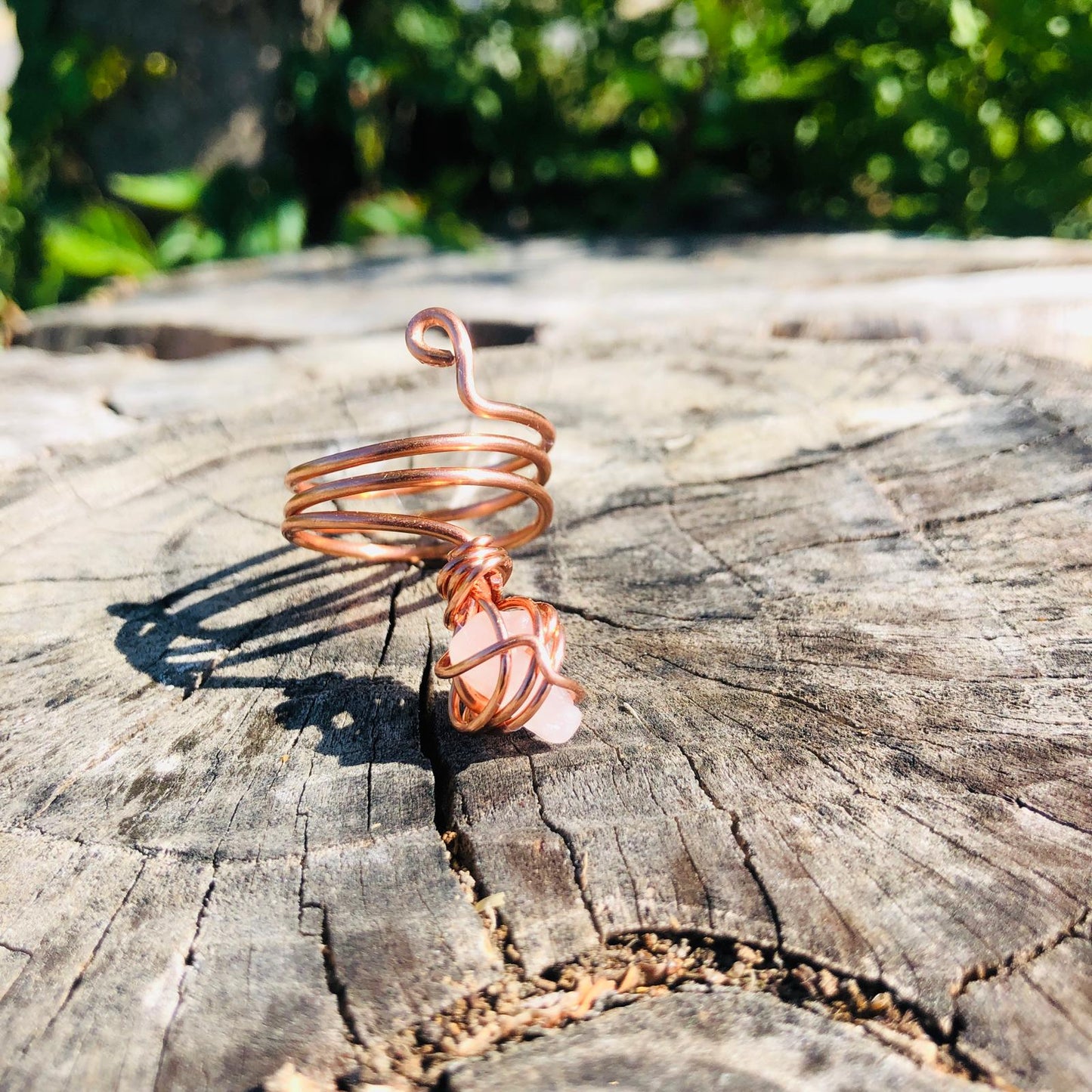 Rose Quartz & Copper Coil Ring - by alignedwire