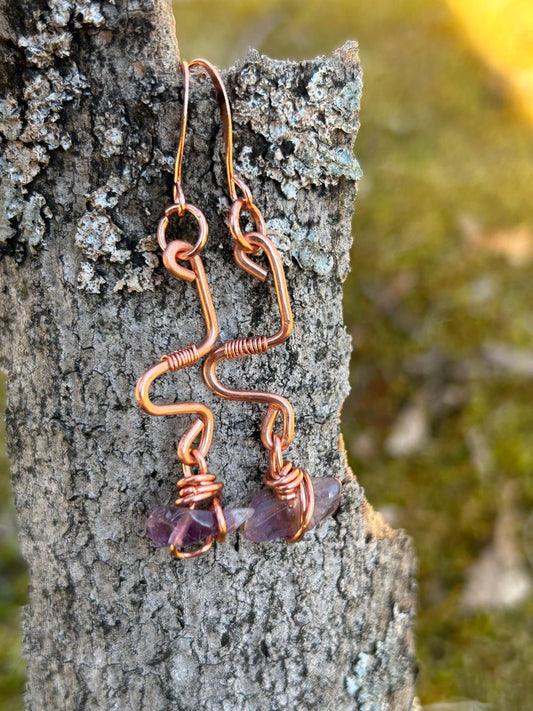 Amethyst & Copper Frequency Earrings - by alginedwire